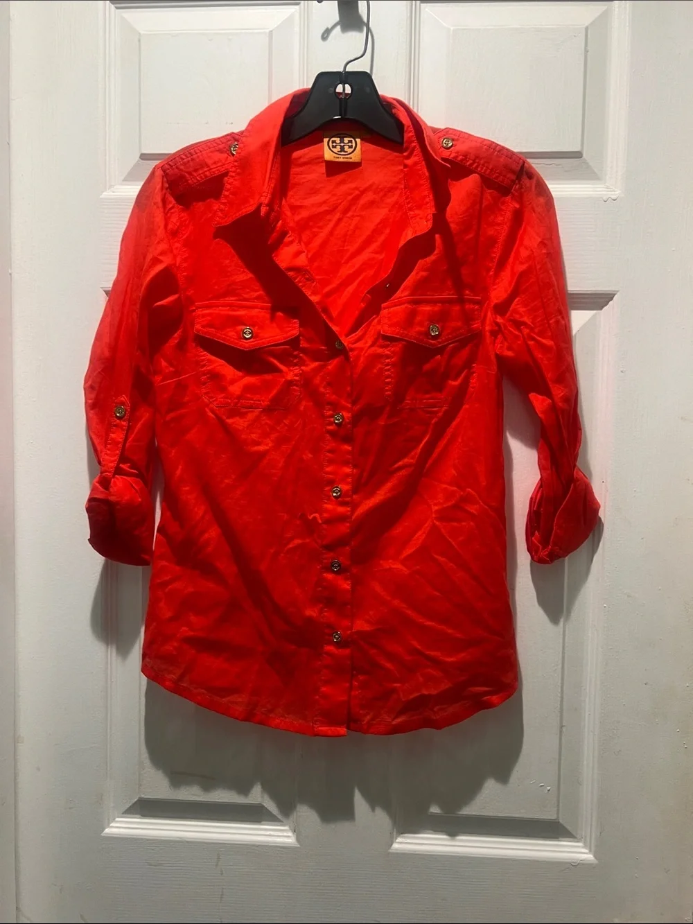 Tory Burch Orange Top with Gold Buttons and Signature Logo